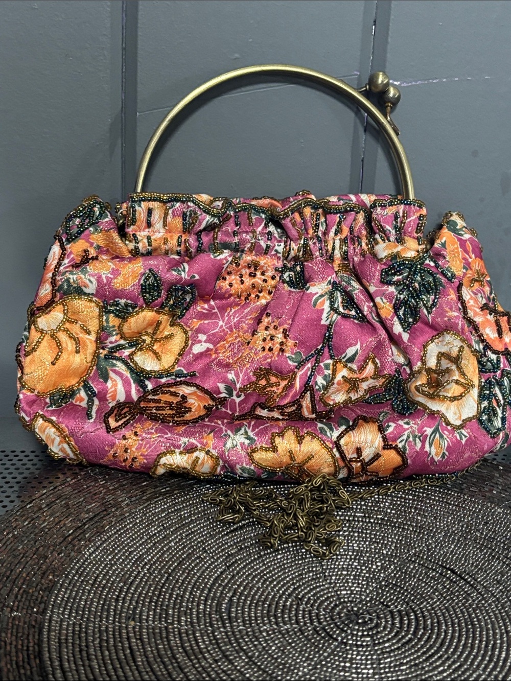 Pink Floral Beaded Evening Clutch with Brass Handle
